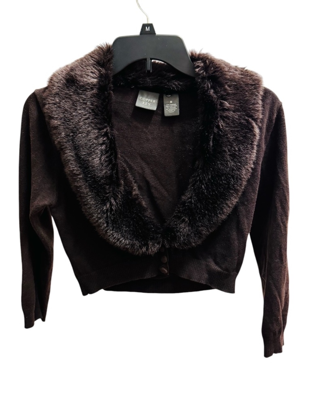 Y2K Copper Key Women's Dark Brown Faux-Fur Trim Cropped Cardigan Sweater
